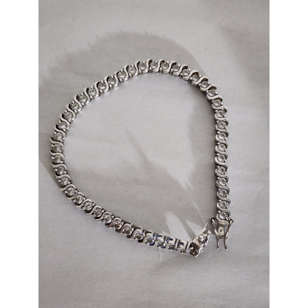 Sterling Silver 925 S Link Tennis Bracelet Clear Round Cut Stones 7.25 Inch